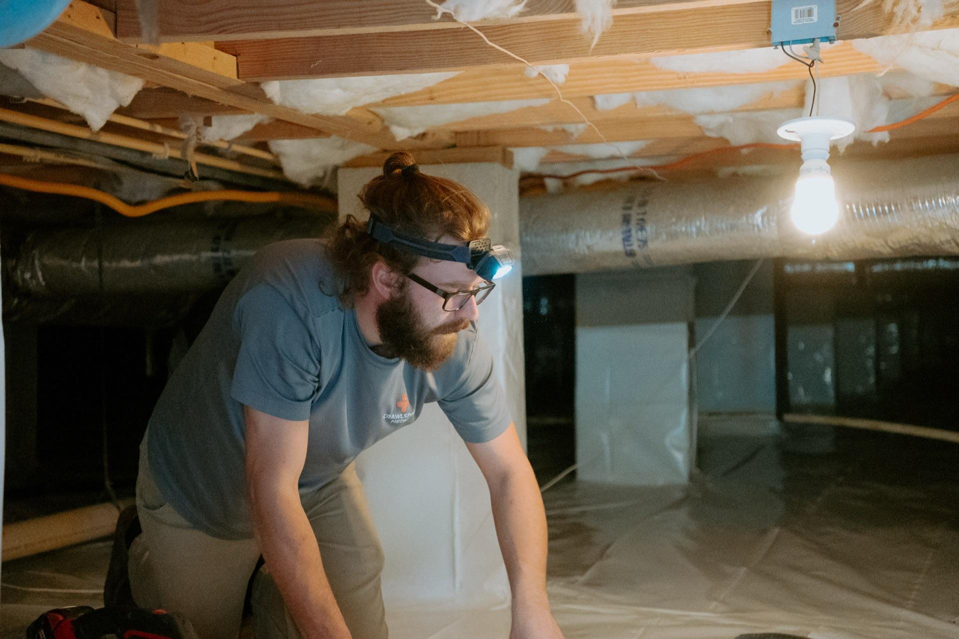 A basement wall system going in during waterproofing work