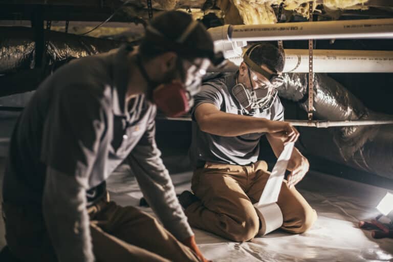 Two expert technicians providing encapsulation service on crawl space in John's Creek GA