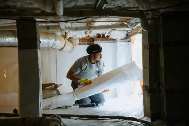 Crawlspace Medic professional installing vapor barrier in crawl space
