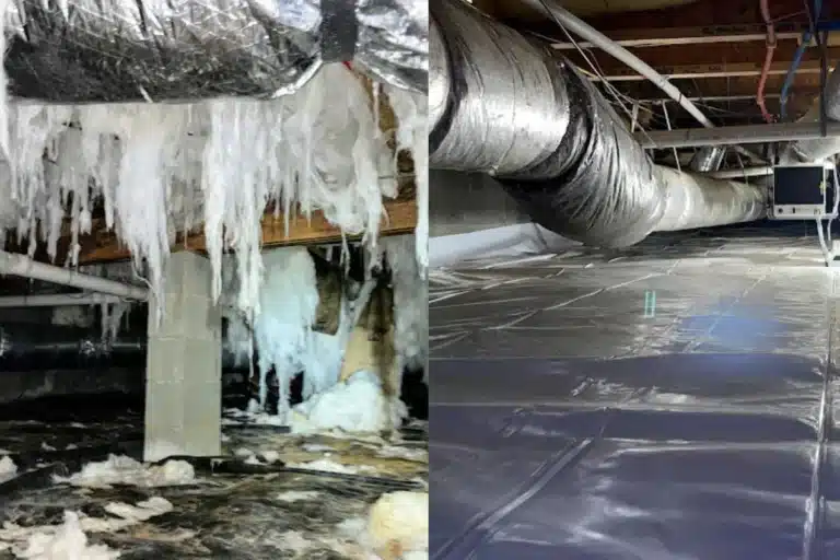 Before and after crawl space encapsulation comparison showing improved air quality