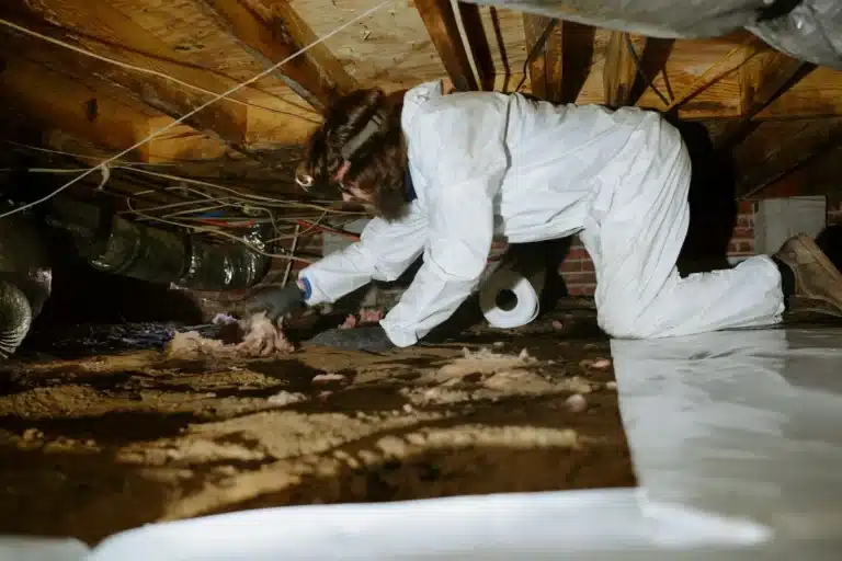 Technician removing wet and moldy insulation during crawl space encapsulation process