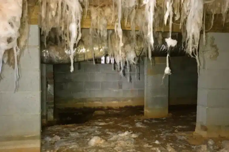 Crawl space with exposed dirt floor and sagging fiberglass insulation before treatment